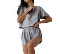 SXcggal Ensemble de pyjama court fendu, ensemble de pyjama 2 pièces pour femme, imprimé à rayures, col rond, épaules tombantes et short fendu sur le côté, #01 Noir, S