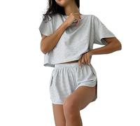 SXcggal Ensemble de pyjama court fendu, ensemble de pyjama 2 pièces pour femme, imprimé à rayures, col rond, épaules tombantes et short fendu sur le côté, #02 Gris., M