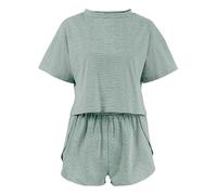 SXcggal Ensemble de pyjama court fendu, ensemble de pyjama 2 pièces pour femme, imprimé à rayures, col rond, épaules tombantes et short fendu sur le côté, #04 Vert, L