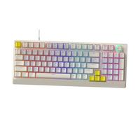 Sxhlseller Clavier Mécanique 98 Touches Remplaçables à Chaud rétroéclairé RVB, Profil Bas Ergonomique avec Bouton Rotatif, Bandes LED Latérales Bleues, Filaire USB pour PC de Jeu de Bureau (Beige
