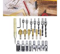 Sxhlseller Ensemble de 23 Forets à Fraiser |Acier Inoxydable et Laiton, Tige Hexagonale de 1/4 Po et Ronde de 3/8 Po pour le Travail du Bois avec Coupe-bouchon et Poinçon Central