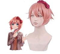 SXHMSAL Perruques De Cosplay Anime Cosplay, Doki Doki Literature Club Sayori Cosplay Perruques avec Perruque Gratuite, Cheveux Courts Roses pour Femmes avec Couvre-Chef pour Halloween
