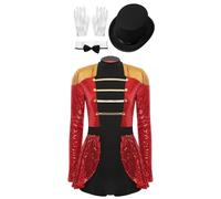 Sxiwei Déguisement Cirque Femme Ensemble Costume Monsieur Loyal Paillette Body avec Gants et Chapeau Magicien Cosplay Carnaval Halloween Fête Rouge L