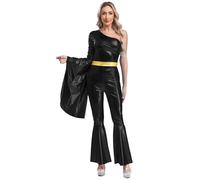 Sxiwei Déguisement Femme Années 70 Disco Métallique Combinaison à Pattes d'Eléphant Une Epaule Halloween Carnaval Party Fête Noir XL