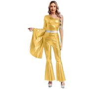Sxiwei Déguisement Femme Années 70 Disco Métallique Combinaison à Pattes d'Eléphant Une Epaule Halloween Carnaval Party Fête Or XL