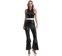 Sxiwei Déguisement Femme Disco Années 70 Combinaison à Pattes d'Eléphant Costume Métallique 70s Tenue Halloween Carnaval Club Party Fête Noir XL