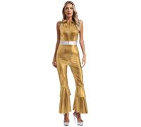 Sxiwei Déguisement Femme Disco Années 70 Combinaison à Pattes d'Eléphant Costume Métallique 70s Tenue Halloween Carnaval Club Party Fête Or XL