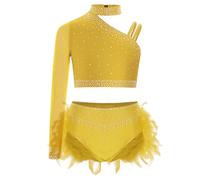 Sxiwei Enfant Fille Robe Danse Moderne Jazz Haut Une Epaule Strass avec Jupe Short Tenue Danse Latine Samba Salsa Costume Patinage Gymnastique