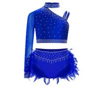 Sxiwei Enfant Fille Robe Danse Moderne Jazz Haut Une Epaule Strass avec Jupe Short Tenue Danse Latine Samba Salsa Costume Patinage Gymnastique Bleu 13-14 Ans