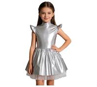 Sxiwei Enfant Fille Robe Métallisé Brillant à Volants Robe Danse Moderne Jazz Costume Alien Carnaval Argent 11-12 Ans