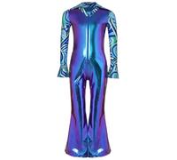 Sxiwei Enfant Garçon Déguisement Années 70 Costume Disco Combinaison à pattes d'éléphant Imprimé Métallique Hippie Halloween Carnaval Cosplay Bleu 15-16 ans