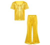 Sxiwei Enfant Garçon Fille Ensemble de Danse Jazz Paillette Pantalon Patte D'elephant Haut Manches Courtes Costume Latine Tango Hip-Hop B Or 5-6 ans
