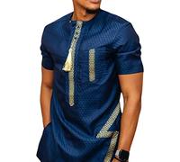SXLLZSLC Hommes Africains Traditionnels Dashiki de Lin Col Mandarin Boutonné Chemise Manches Courtes avec Poche Hauts à la Mode (Color : Blue, Size : 4XL)