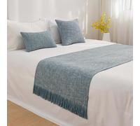 SXLXYOF Chemin de lit d'hôtel en Coton et Lin, Couleur Unie, écharpe de lit King Size, Couvre-lit, Housse de Coussin Assortie, Serviette de lit avec Pompon, Sky Blue-50 * 210CM(1.5m Bed)