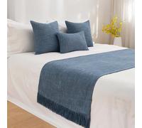 SXLXYOF Chemin de lit d'hôtel en Coton et Lin, Couleur Unie, écharpe de lit King Size, Couvre-lit, Housse de Coussin Assortie, Serviette de lit avec Pompon, Blue-50 * 210CM(1.5m Bed)