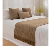 SXLXYOF Chemin de lit d'hôtel en Coton et Lin, Couleur Unie, écharpe de lit King Size, Couvre-lit, Housse de Coussin Assortie, Serviette de lit avec Pompon, Brown-50 * 260CM(2.0m Bed)