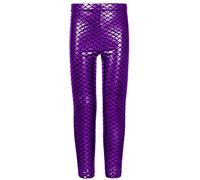 SXME MIGHT SAY Leggings métalliques fins holographiques en écailles de poisson pour filles, parfaits pour la discothèque et la danse, violet