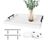 SXNOWS Lot de 2 Plateaux de Table Basse Ottoman pour Le Salon - Plateau de Service en Bois avec poignées (2 Ensembles) - Plateau décoratif pour Table Basse Inclus 4 Dessous de Verre Ronds (Blanc)
