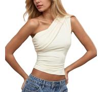 SXQCKJ Débardeur Froncé Sans Manches À Col Asymétrique pour Femme, Haut Court Tendance À Une Épaule(White,XL)