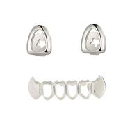 SXQCKJ Grillz De Dents De Vampire Plaqué Or 18 Carats, Style Hip Hop Creux, pour Hommes Et Femmes, Accessoire De Fête, Costume De Rappeur, Cosplay(Silver)