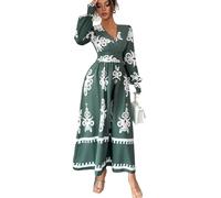 SXQCKJ Robe Longue Trapèze À Fleurs Style Bohème pour Femme, Décontractée, Col en V, Manches Longues, pour Les Vacances À La Plage(L)