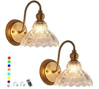 SXSaelciun Ensemble de Deux Appliques murales Vintage à Piles, pour intérieur, sans Fil, en Laiton avec Abat-Jour en Verre ambré et éclairage RGB avec télécommande à intensité Variable, pour