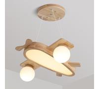 SXSHEYS Lampe Suspendue en Bois, Motif Avion, Globe Blanc Laiteux, LED 3 Couleurs, intensité Variable, Style Rustique Moderne du Milieu du siècle (Bois Brut)