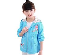 SXSHUN Enfant Fille Coupe Vent avec Capuche Fleur de Pêche Légère Blouson Imperméable Doublure Veste de Pluie Printemps Automne, Bleu, 9-10 Ans,(Taille l'étiquette:140cm)