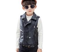 SXSHUN Enfants Gilet en Cuir Garçons Filles PU Veste Lapel Zip sans Manches Gilet de moto Multiples Poches Zippées Ceinture Décorative Blouson Printemps Automne