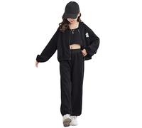 SXSHUN Ensemble de Jogging Enfant Fille 3 pièces Survetement Veste à Capuche + Gilet Sans Manches + Pantalon de Jogging pour Printemps Automne, Noir, 11 ans-12 ans