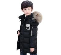 SXSHUN Manteau Enfant Garçon Doudoune Rembourré Parka à Capuche Fourrure Hiver Chaud Blouson Veste Matelassé Impression de Lettre, 8-9 ans, Noir