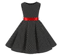 SXSHUN Robe Fille Enfant de Bal Polka Vintage pin-up à 'Audrey Hepburn' 50's 60's Rockabilly Halter Robe Fille Enfant de soirée Cocktail sans Manches, Points Noirs et Blancs, 9-10 Ans