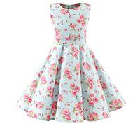 SXSHUN Robe Fille Enfant de Bal Polka Vintage pin-up à 'Audrey Hepburn' 50's 60's Rockabilly Halter Robe Fille Enfant de soirée Cocktail sans Manches, Fleur Verte Menthe, 7-8 Ans