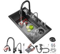 SXSLTSA Évier de Bar Noir en Acier Inoxydable, 86 x 50 cm, avec Robinet extractible, 1 cuve, douchette Simple Style Ferme, Distributeur de Savon et bonde complète.