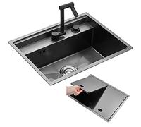 SXSLTSA Évier de Cuisine Invisible en Acier Inoxydable Noir Nano, avec Barre à Fente Unique et Robinet, Installation encastrée ou sous Plan, Gris, 68 x 48 cm