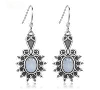 SXSWCH 925 Boucle d'oreille à Fleurs Ethniques en Argent Sterling, Boucles d'oreilles en Pierre de Lune ovales Naturelles, Boucles d'oreilles Pendantes de Crochet Boho pour Les Femmes
