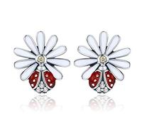 SXSWCH Authentique 925 Silver Silver Silver Flower Flower Red Ladybug Boucles d'oreilles pour Femmes Boucles d'oreilles Fashion Gift Bijoux