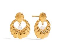 SXSWCH Élégantes boucles d'oreilles en acier inoxydable avec perles pour femme | Boucles d'oreilles pendantes géométriques tendance plaquées or | Bijoux rétro délicats uniques avec or mat et martelé