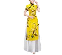 SXTYYH Robe Vietnam for Femme Ao Dai Chinois Robe Traditionnelle Mode Longues Costume Chinois Qipao Impression Robe Cheongsam(Jaune,XXL)
