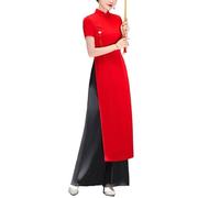 SXTYYH Robe Vietnamienne Ao Dai for Femmes Cheongsam Elégante Qipao Chinois Robe Traditionnelle été Hanfu for Le Quotidien(Rouge,XXL)