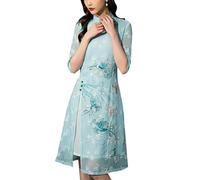 SXTYYH Robe Vietnamienne Ao Dai for Femmes Robe Chinoise Robe Traditionnelle Mousseline Broderie Qipao Robe D'été Robe Cheongsam(Bleu,XL)