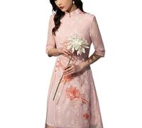 SXTYYH Robe Vietnamienne Ao Dai for Femmes Robe Chinoise Robe Traditionnelle Mousseline Broderie Qipao Robe D'été Robe Cheongsam(Pink,S)