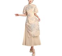 SXTYYH Robe Vietnamienne Ao Dai Robe De Thé Robe D'été Costume Chinois Robe Traditionnelle Cheongsam for Femmes Robe Longue Mode Qipao(XL)