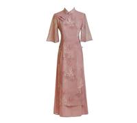 SXTYYH Robe Vietnamienne Ao Dai Traditionnel for Femmes Rose été Style Chinois Mince Qipao Robe Longue Améliorer Mode Imprimer Robe Cheongsam(S)
