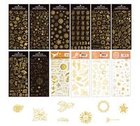 Sxutop 12 Feuilles Autocollant Scrapbooking Doré Autocollant Gommettes pour Enfant Stickers Dorés Décoratifs en PVC avec Style Mixte Fleurs Feuilles Alphabet Planète pour Diy Album Photo Diary