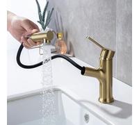 SXWYLZ Robinet Evier avec Douchette Extractible Robinet Lavabo Salle de Bain à 2 Modes Mitigeur avec Douchette Extractible, Poignée Unique, Eau Chaude et Froide,Or Brossé