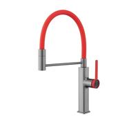SXWYLZ Robinet Flexible Cuisine Rotatif Robinet Mitigeur Extractible à 2 Modes Mitigeur Évier à Poignée Unique Robinets D'Évier de Cuisine avec Eau Chaude et Froide, Acier Inoxydable,Gris + Rouge