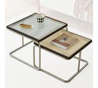 SXZenSpace Ensemble de 2 Tables Basses gigognes, Style Rustique Moderne pour Salon, Table d'appoint carrée empilable, Table de Chevet avec Structure en métal, tressage en rotin et Plateau en