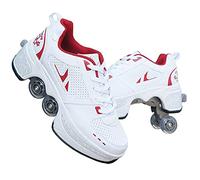 SXZHSM Patins A roulettes Reglables, Rollers en Ligne pour Enfants, Quatre Roues Fille Chaussures roulettes, Deform Wheels Skates Kick Roller Shoes,Red-EU32