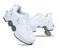 SXZHSM Patins A roulettes Reglables, Rollers en Ligne pour Enfants, Quatre Roues Fille Chaussures roulettes, Deform Wheels Skates Kick Roller Shoes,White-EU34